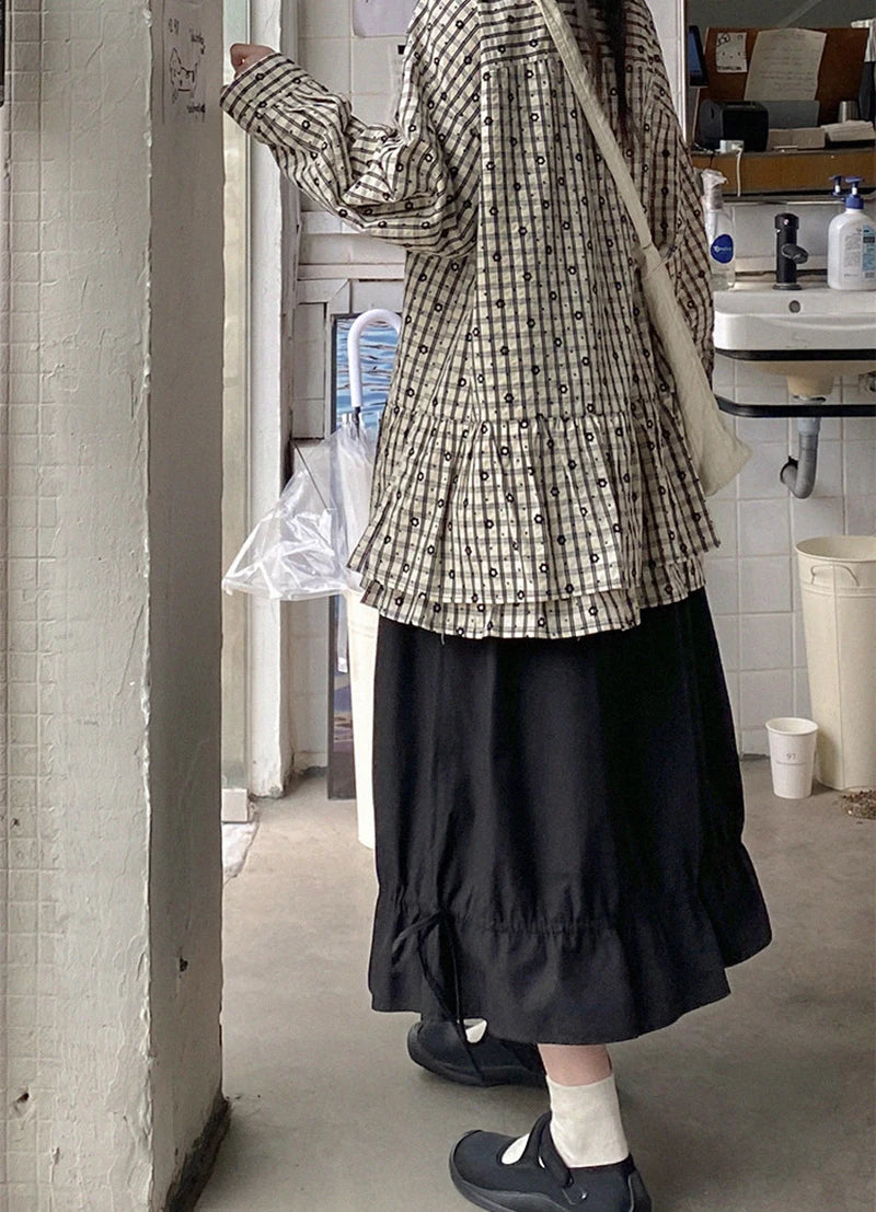 Vintage Black Midi Skirt Women Japanese Harajuku Drawstring Bud Skirts Summer Streetwear Korean Casual Design A Line Faldas New.