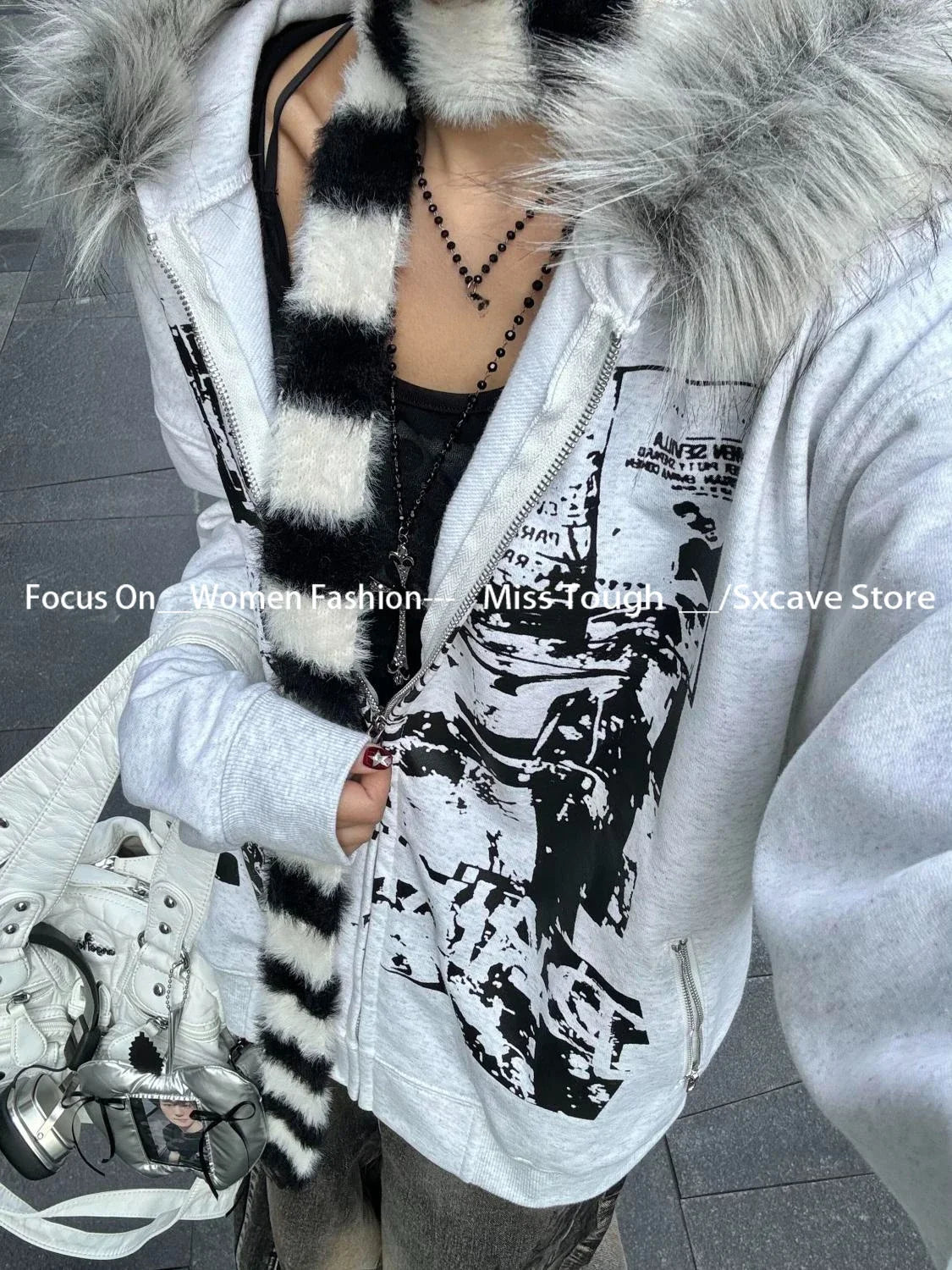 Korean Fashion Sweatshirts Harajuku Gothic Printed Coats Jackets Subculture Vintage Faux Fur Hooded Women Casual Y2k Clothing.