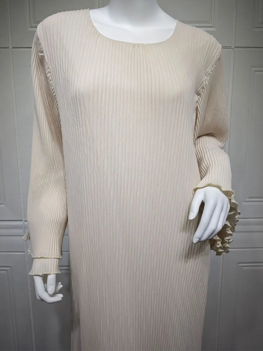 Siskakia Ramadan-Muslim Solid Wrinkle Dresses For Women's Dubai  Moroccan Petal Sleeve Abayas O-Neck Elegant Kebaya 2024