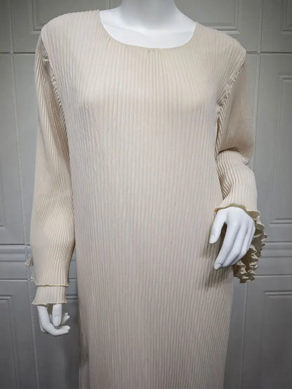 Siskakia Ramadan-Muslim Solid Wrinkle Dresses For Women's Dubai  Moroccan Petal Sleeve Abayas O-Neck Elegant Kebaya 2024