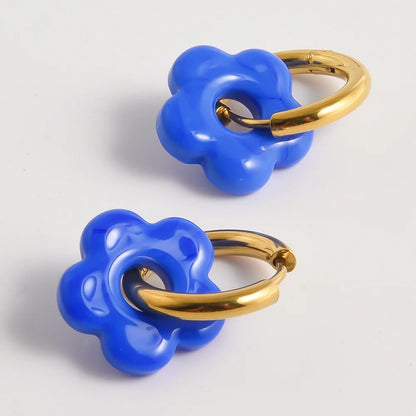 Colorful Flower Glass Drop Charms Earring Gold Color Circle Ear Buckle Hoops Stainless Steel Earrings Fashion Jewelry for Women