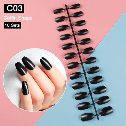 10 Sets/Pack Mixed Solid Colors Coffin Round Square Almond Shape False Nails Full Cover Nail Tips Short Fake Nails Tip Manicure.