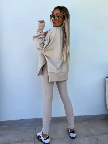 Women Pant Sets Two Pieces Tracksuit Solid Loose Sweatshirts Split Pullover Pencil Pants High Street Autumn Winter 2024.