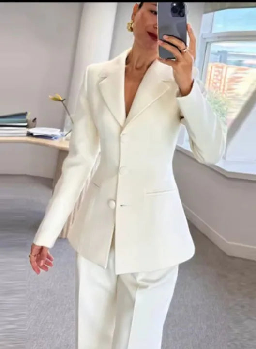 American New Fashion Women's Solid Color Casual Trendy 2 Piece Sets Long Sleeve Suit Blazers Wide Leg Trousers Female Clothes.
