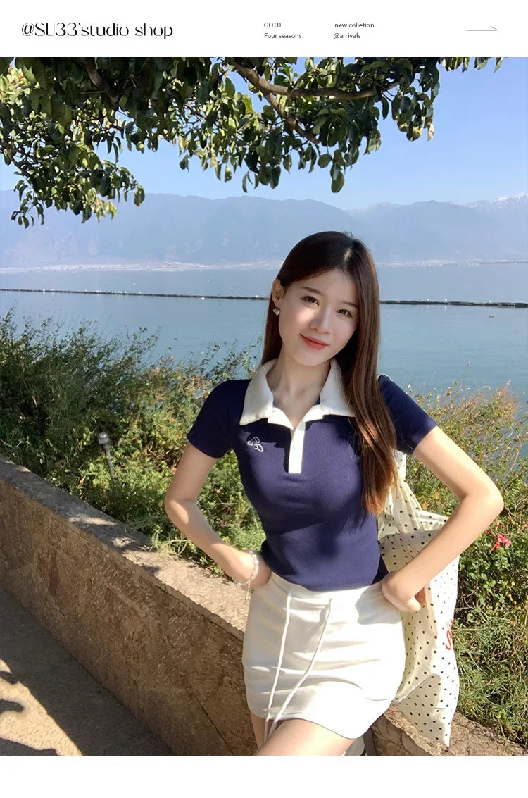 Women's Slim Fit Short Sleeve Polo Shirt Summer New Color Collision Design Red T-Shirt Top Fashionable Casual Business Wear.