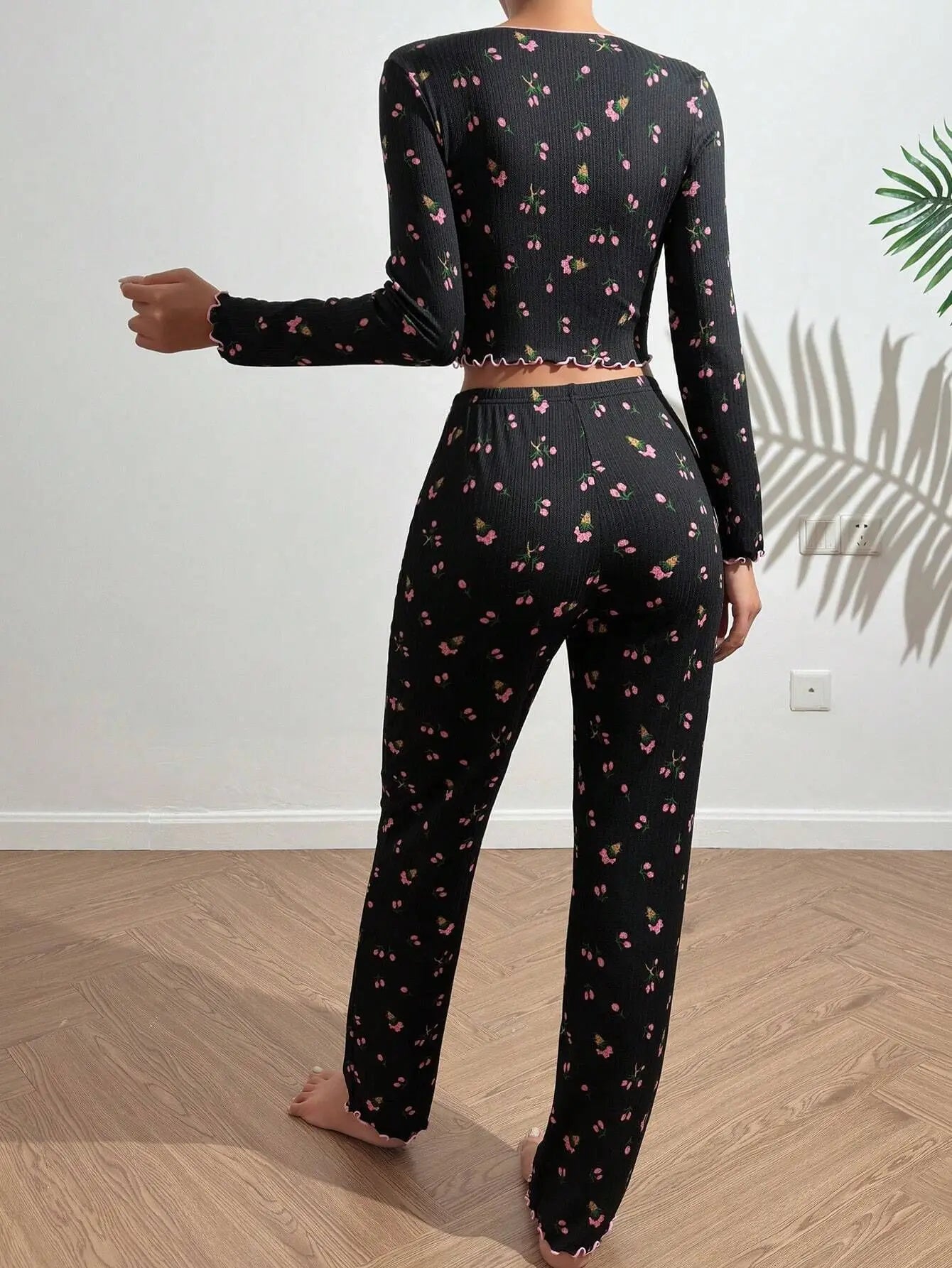 Y2K Nette Floral Gerippte Pyjama Set Frauen Langarm V-ausschnitt Zwei Stück Nachtwäsche Homewear Herbst Winter Bogen Salat Trim Neue Heiße.