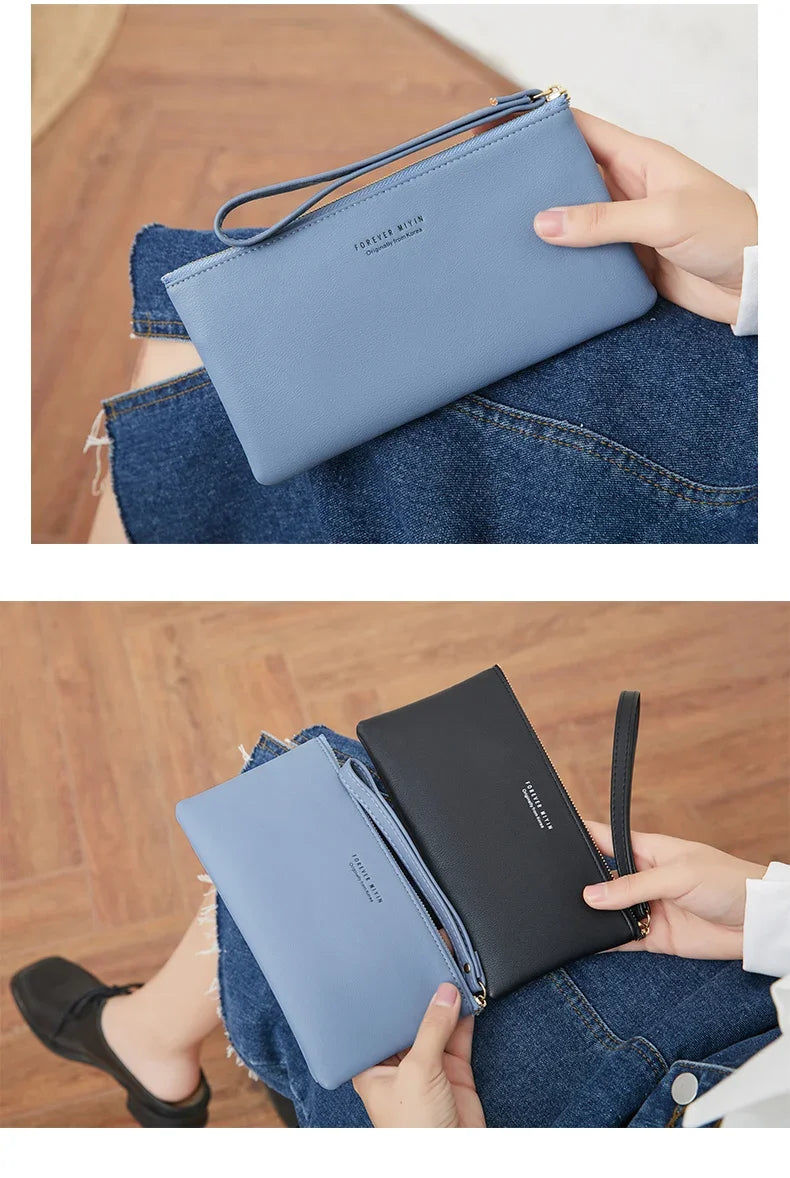 MIYIN Simple and Fashionable Women's Ultra Thin Long Wallet Solid Color PU Leather Zipper Wallet Large Capacity Portable Handbag.
