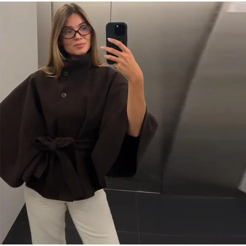 Straße Batwing Hülse Cape Gürtel Mäntel Frauen Lose Solide Stehkragen Einreiher Jacke 2025, Herbst Dame Alle-spiel chic Mantel