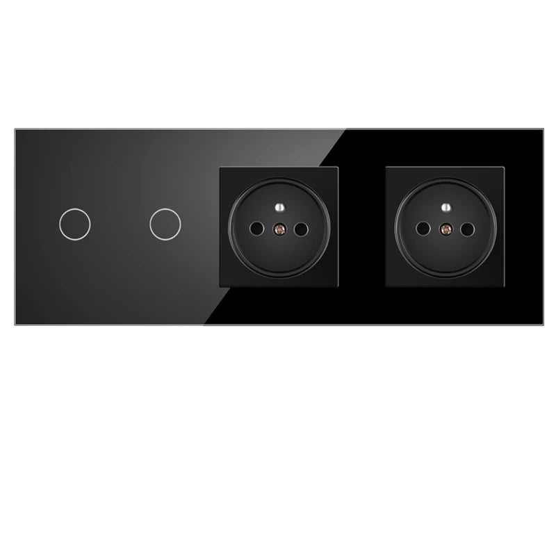JHJCH Touch Lichtschalter Frankreich Steckdosen USB C Telefon Ladung Kristallglas 1/2/3Gang Wandschalter Doppelsteckdosen Schwarz.