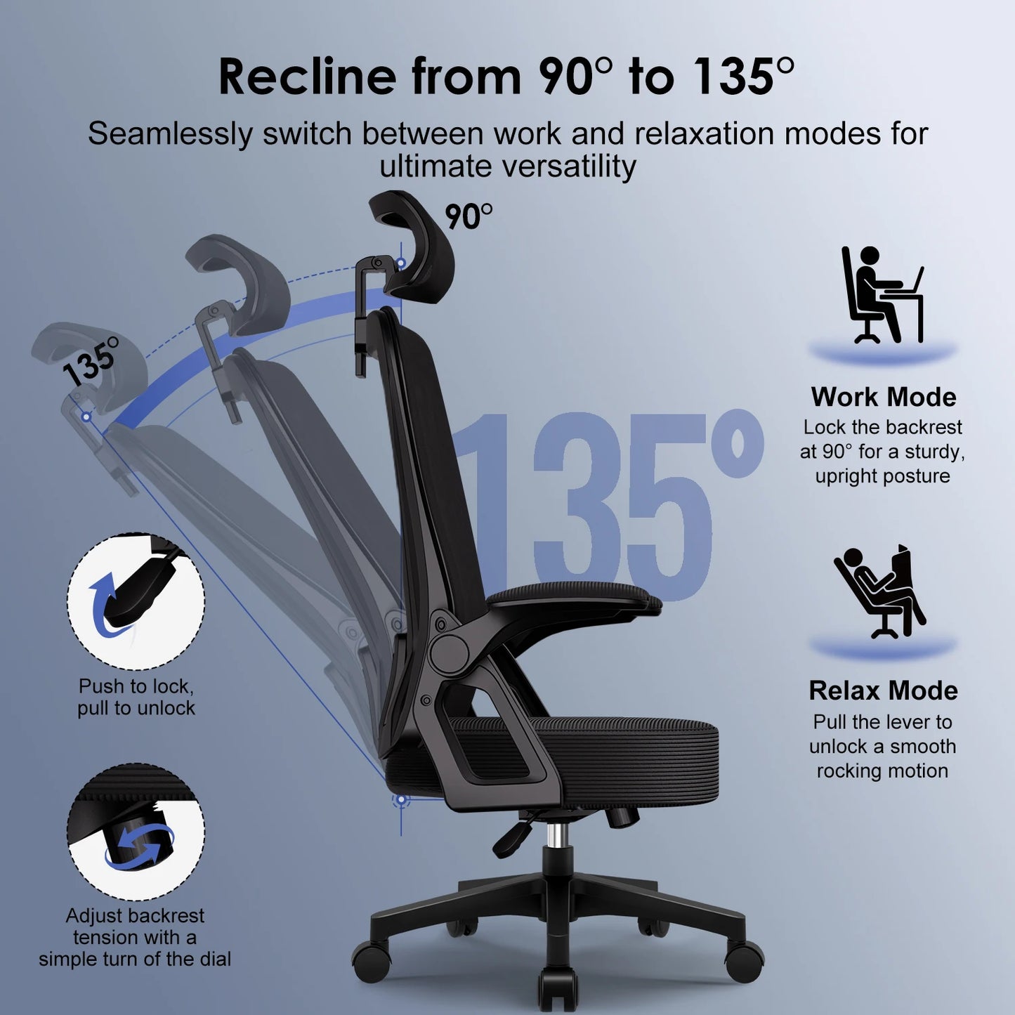 AUTHMIC Ergonomischer Bürostuhl – faltbare Armlehnen, verstellbare Rückenlehne, verstellbare Kopfstütze, verstellbare Lendenwirbelsäule, maximale Belastung 150 kg,