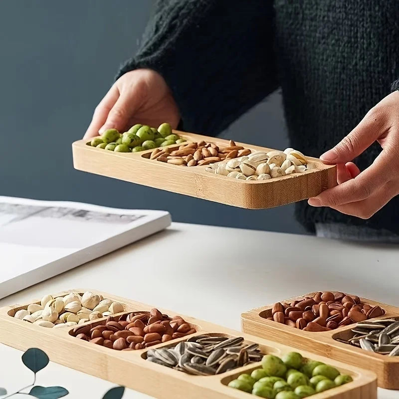 1pc Bamboo 4-Section Snack Serving Tray - Ideal for Nuts, Fruits, and Candies , Dining Area, or Zen Tea Room Decor.