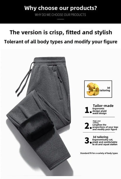 Herbst/Winter Fleece-gefütterte Herren-Hose mit Reißverschluss, warmes Fuß, Freizeithose, Übergröße, lockere Passform, gerade Bein-Jogginghose, trendig.