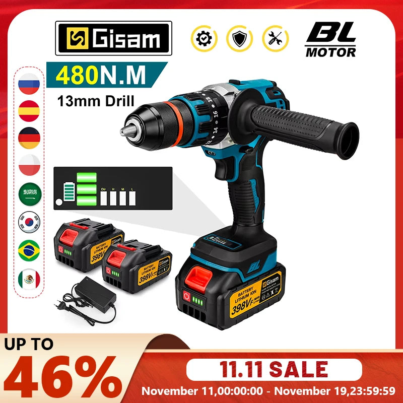 13 mm 480 N.M bürstenloser elektrischer Schlagbohrschrauber Akku-Bohrschrauber Elektroschrauber DIY-Treiber Elektrowerkzeug für Makita 18 V Akku-Pin