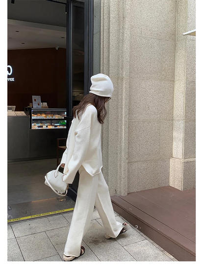 Koreanische Version des weichen, wachsartigen, faulen Wind-Stricksets 2024, sanfter Rundhalspullover, Pullover, weites Bein, Hose, zweiteiliges Set für Damen