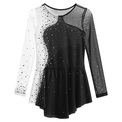 6-16Y Mädchen Eiskunstlauf Tanz Kleid Ballett Gymnastik Trikot Langarm Shiny Strass Sheer Mesh Leistung Dancewear.