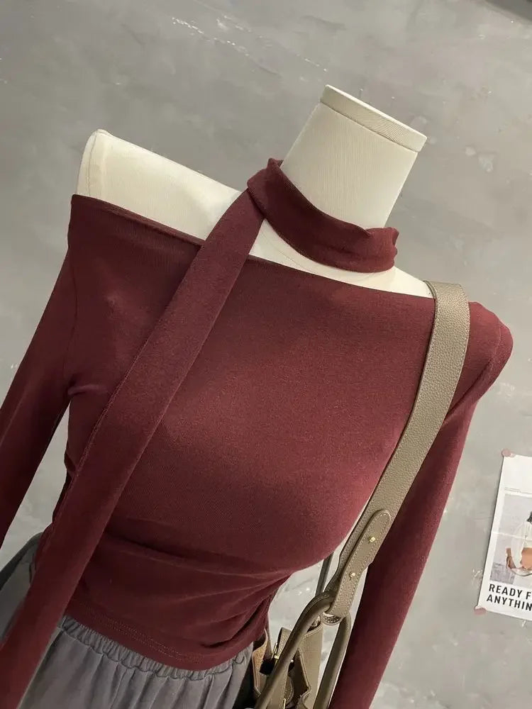 Sexy One-Shoulder Long Sleeve T-Shirt with Scarf Short Flared Sleeve Blindfolded Entry Base Shirt Tight Short Crop Top.