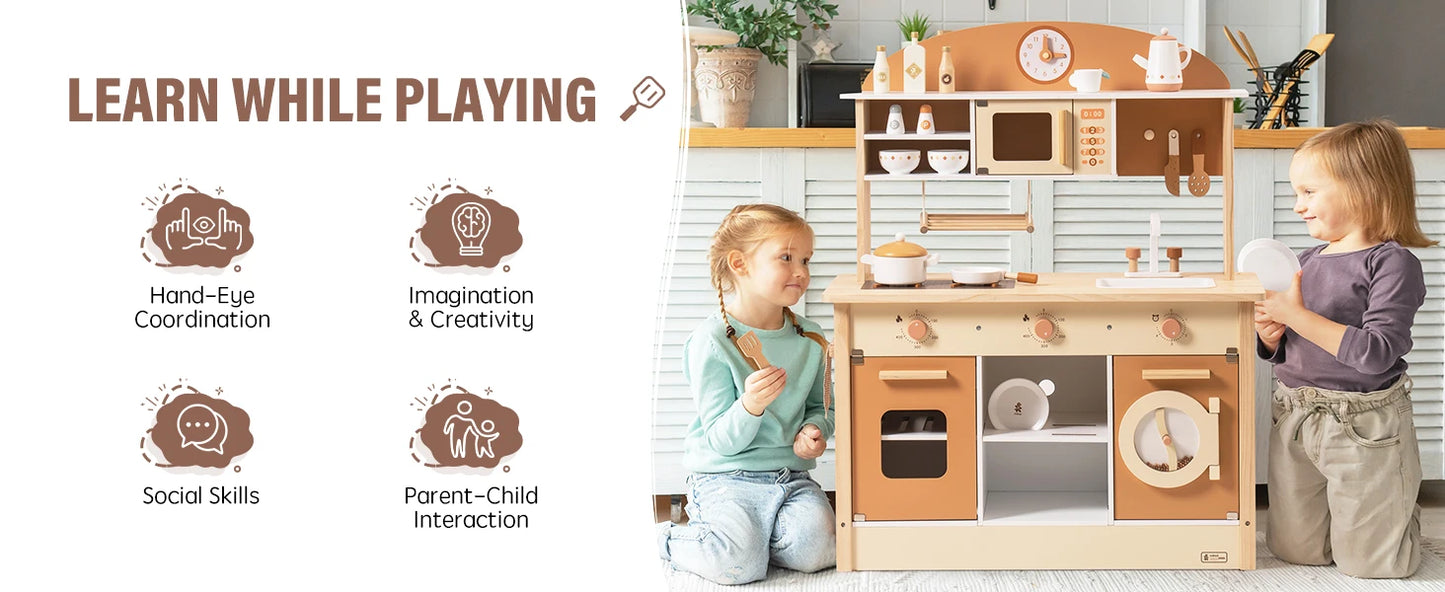 Robotime Robud Wooden Kitchen for Kids Play Kitchen with Plenty of Play Features Toddler Kitchen Set Gift for Girls Boys 3+.