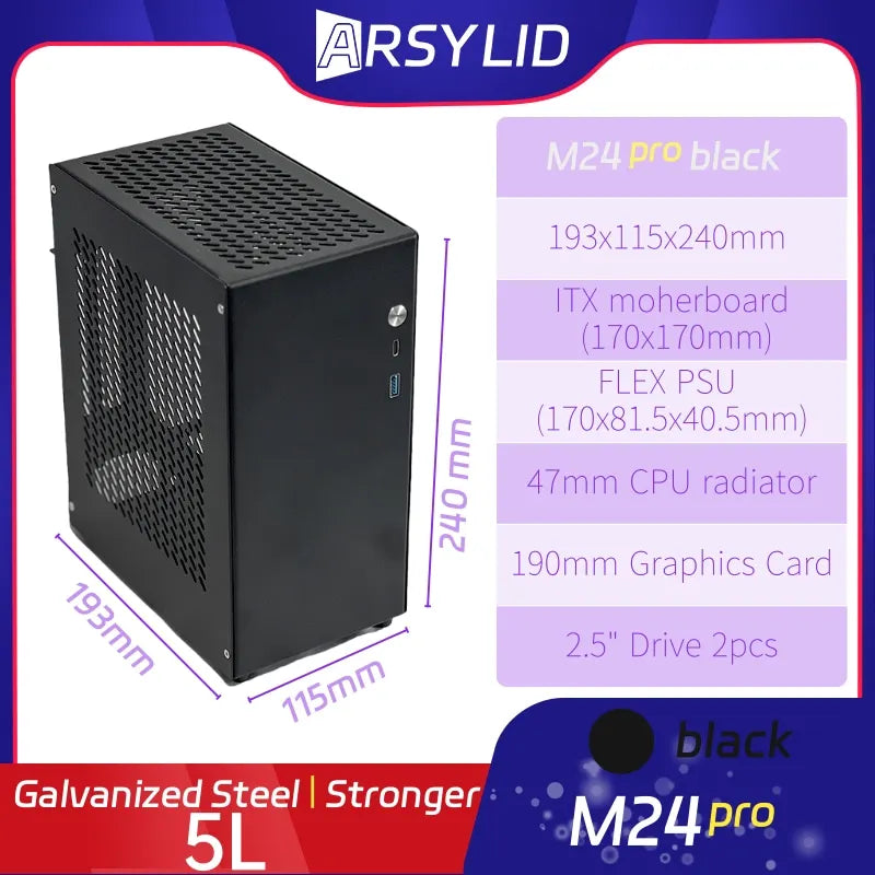 ARSYLID M24 pro ITX A4 Computer Case 5L 190mm Graphics Card Tpye-C Flex PSU 47mm Radiator Mini PC Chassis.