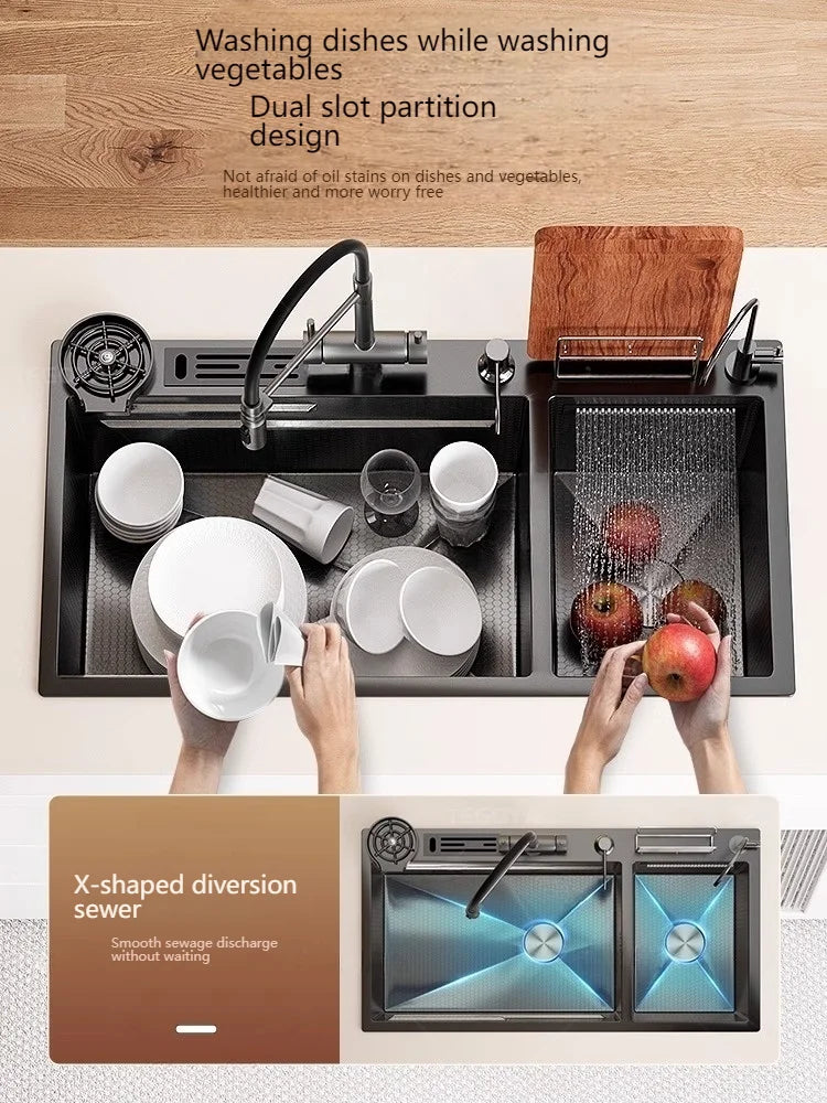 Waterfall Kitchen Sink Stainless Steel Multifunctional Undermount Washbasin Double Slot Dishwashing Sinks