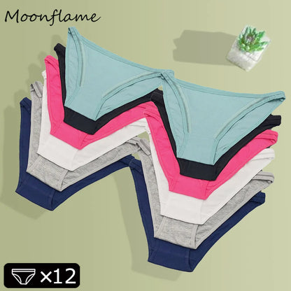 Moonflame 12Pcs Wholesale Women Cotton Panties Sexy Low-Waist Lingerie Female Elastic Soft Underwear Solid Color Underpant.