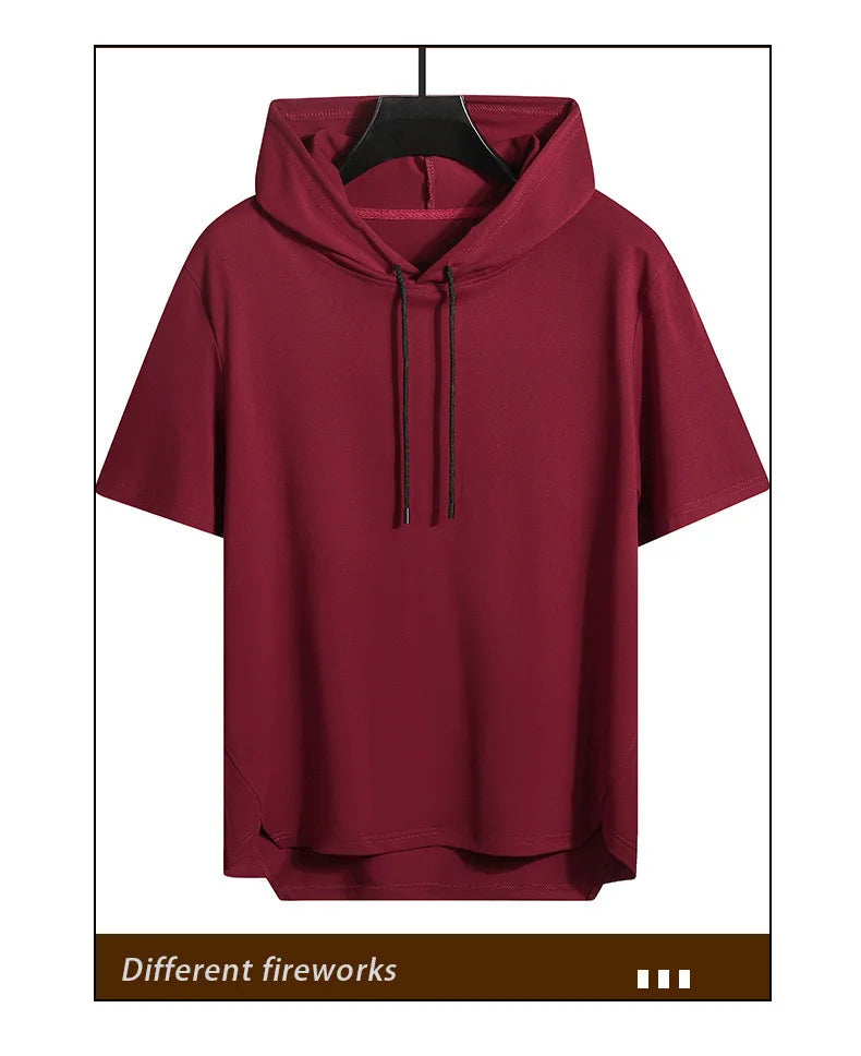 2025 Men's Summer Hoodies T-shirts Short Sleeve Solid Color Loose Hooded Drawstring Pullover Tops Basic Tees for Daily Wear Male.