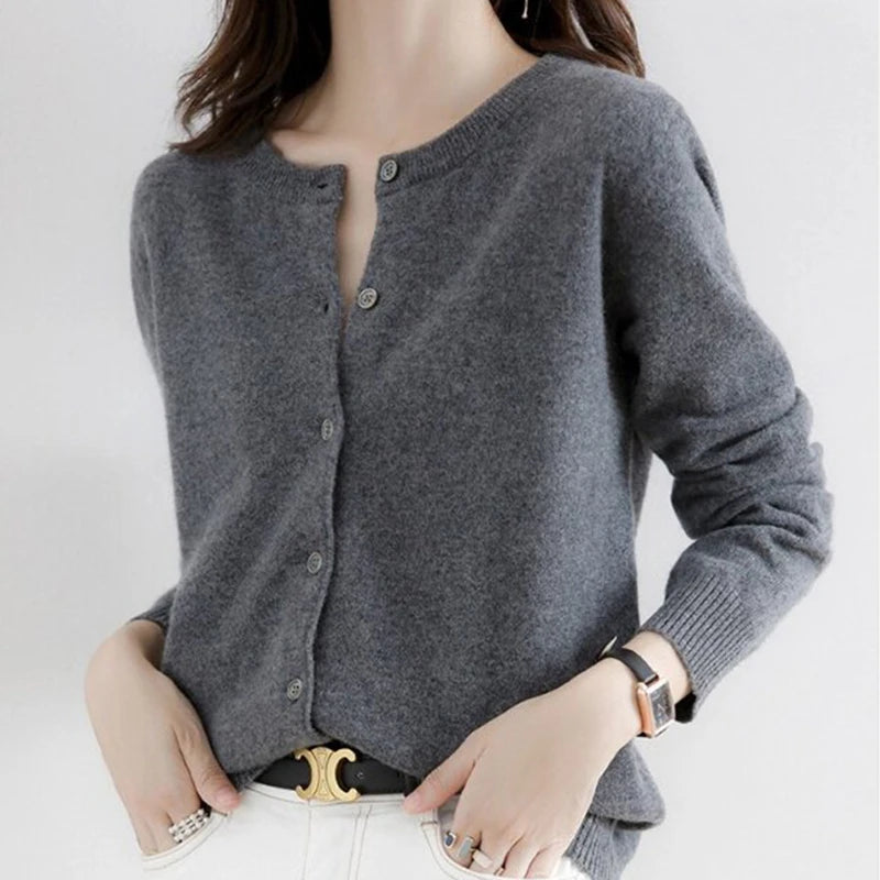 Women Knitted Cardigans Autumn Winter 2025 Round Neck Casual Long Sleeve Tops Solid Basic Soft Sweaters Female.
