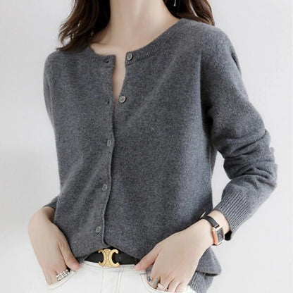 Women Knitted Cardigans Autumn Winter 2025 Round Neck Casual Long Sleeve Tops Solid Basic Soft Sweaters Female.