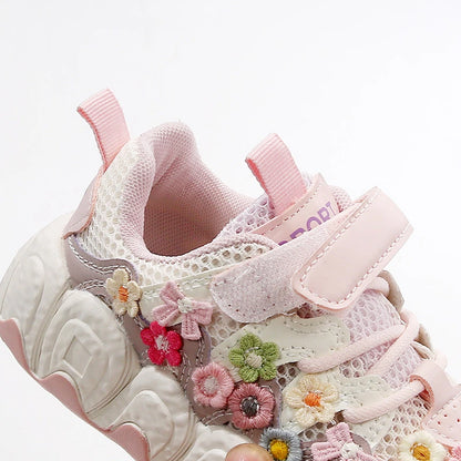 Girls Flowers Sports Shoes Children Princess Embroidered Running Shoes Air Mesh Girls Casual Sneakers Summer 2025 New