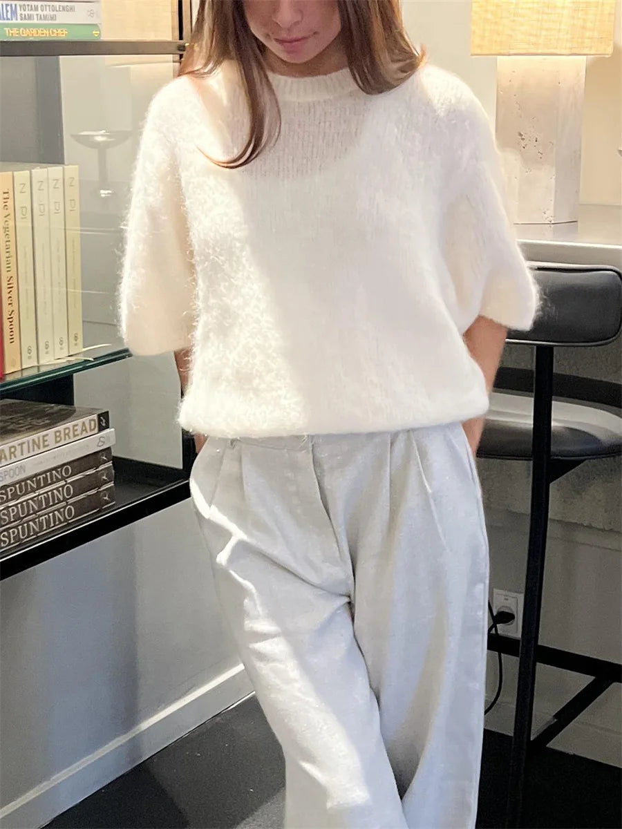 Damen Frühling Herbst Strickpullover Halbarm O Hals Einfarbig Lässige Strickwaren