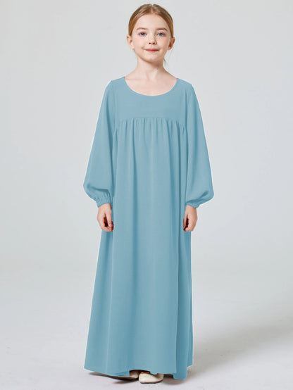 Kids Abaya Ramadan Muslim Dubai Elegant Girl's Solid Crew Neck Long Sleeve Kaftan Kebaya Dress For Party Pray Gift.