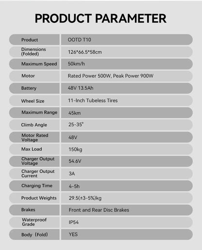 OOTD T10 Electric Scooter 500W Motor 48V13AH Battery City Off-Road Electric Scooter Adult 11 Inch Foldable Electric Scooter.