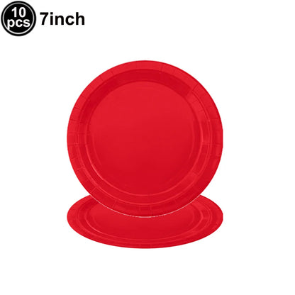 Solides rotes Thema, Einweggeschirr, rote Pappteller, Lebensmitteltablett, Tassen, Servietten, Löffel, Tischdecken, Hochzeit, Geburtstag, Party-Dekoration.