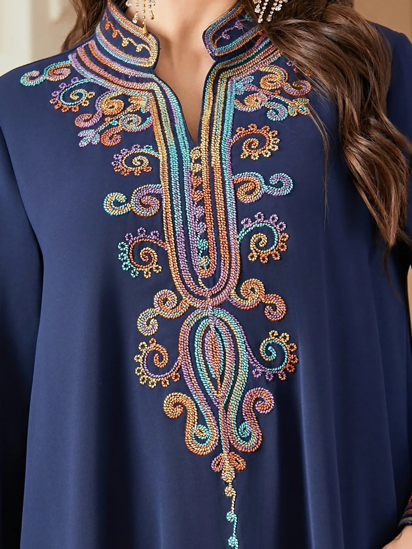 Dubai Muslim New Fashion Women's Embroidereid Long Sleeve V-neck Loose A-line Ankle Length Dresses Female Trendy Elegant Clothes.