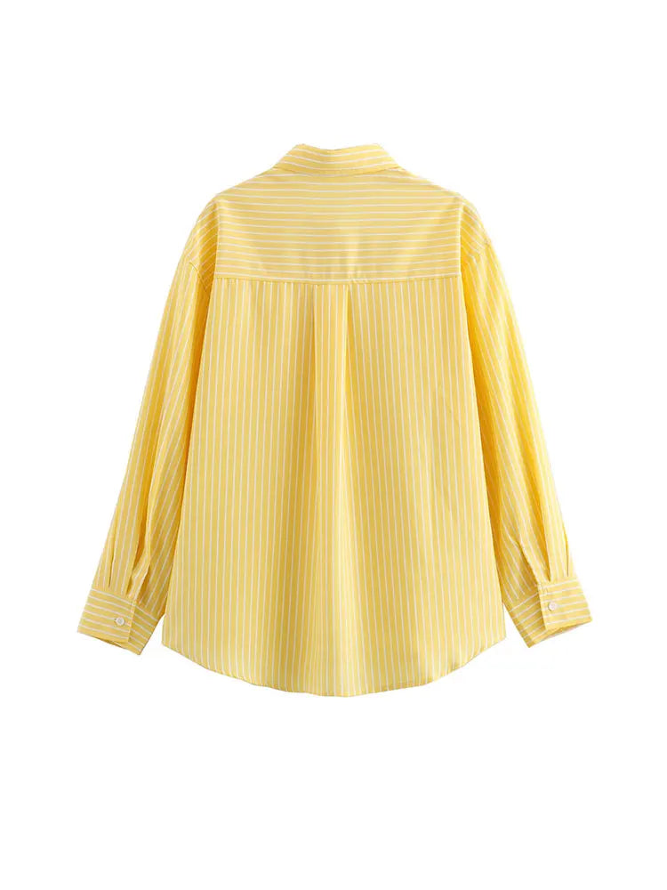 2024 Autumn Women Elegant Stripe Long Sleeves Casual Shirt For Woman Lapel Single-Breasted Loose Slim Blouse Top Streetwear.
