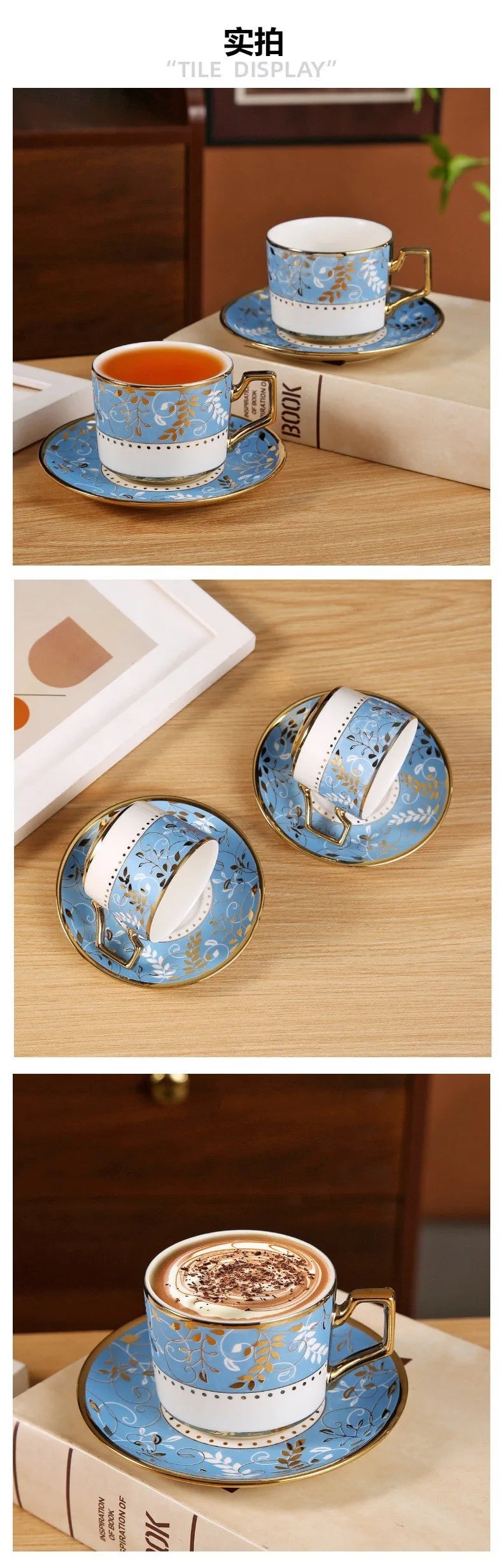 French light luxury retro ceramic coffee cup and saucer set, household tableware, six cups and six saucers, gifts.