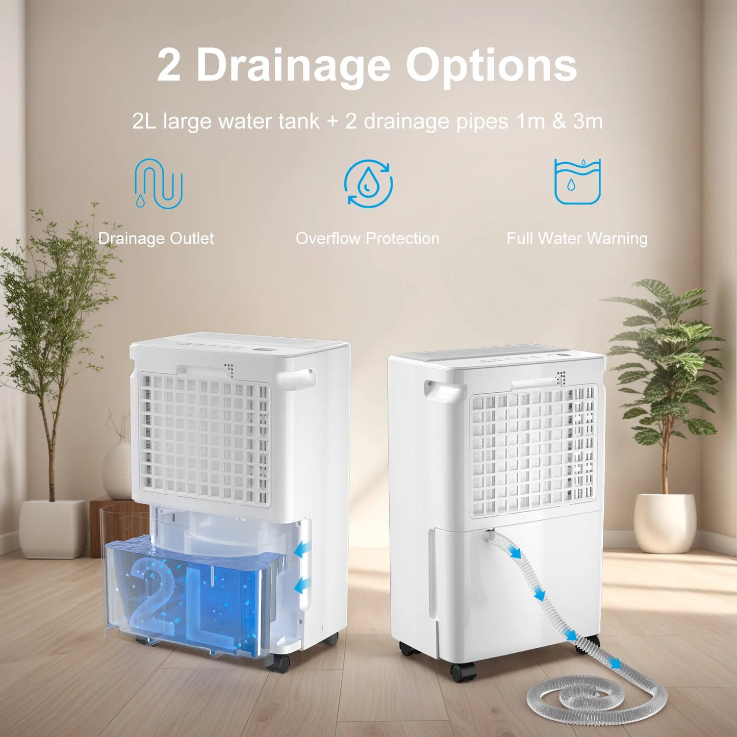 LOEFME 2L Dehumidifier Moisture Absorbers Home Air Dryer Electric Dehumidifier 12L/Day Dehumidification Timer 3 Modes W/ 3M Hose.