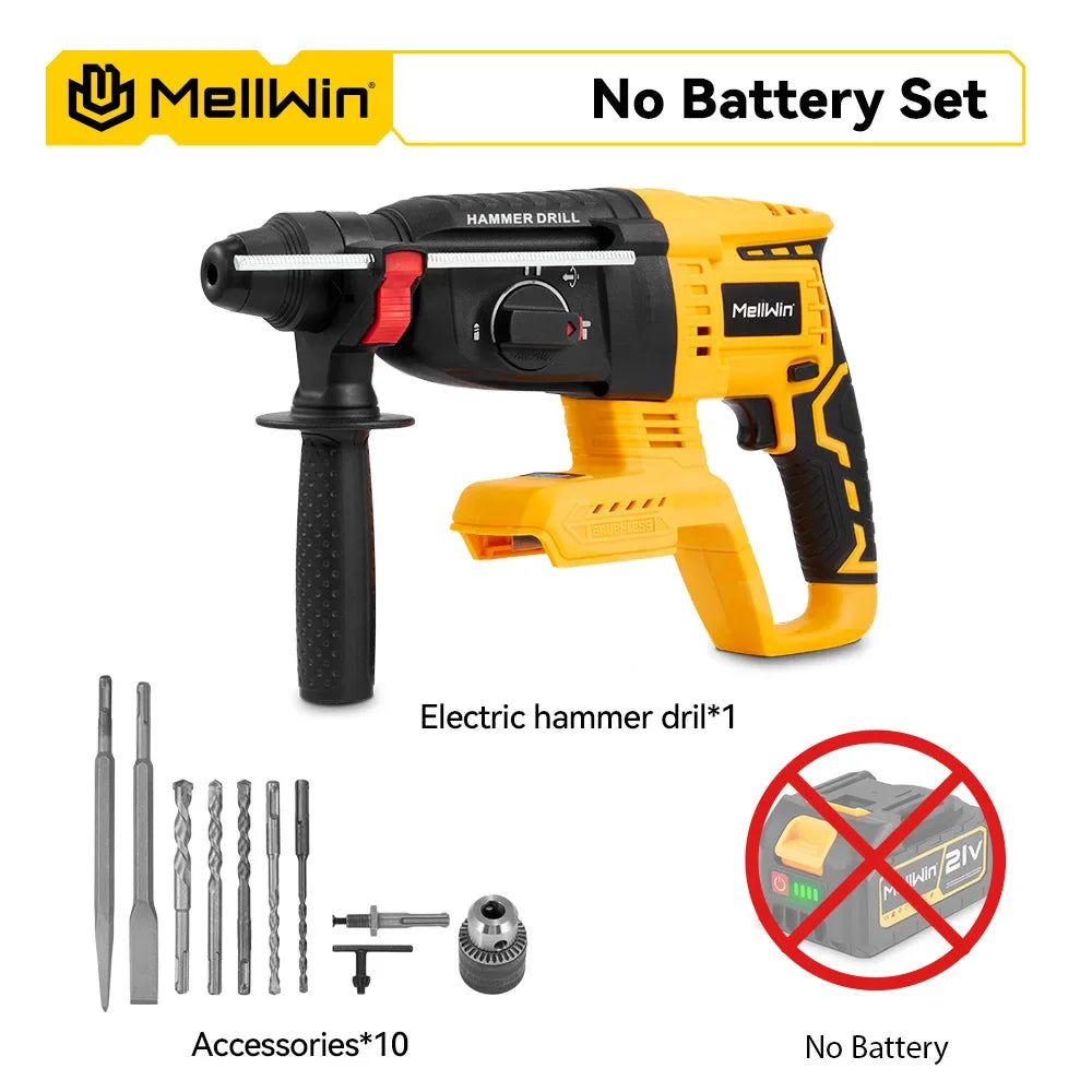 MELLWIN 26 mm bürstenloser elektrischer Bohrhammer, multifunktionaler Bohrhammer, Schlagbohrmaschine, Werkzeugset für Makita 18 V Batterie-Pin