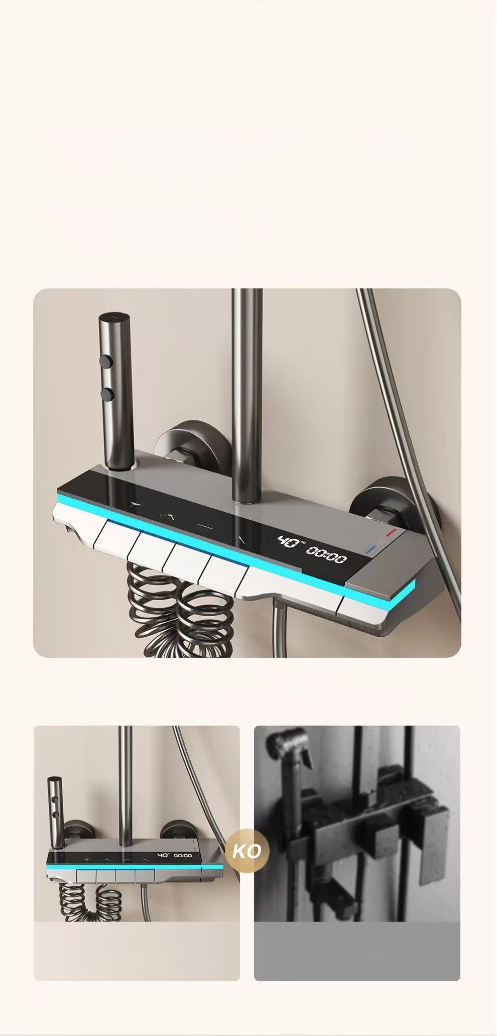 Bathroom Shower System Brass Mirror Surface Temperature-Controlled for Bathtub Faucet with Digital Display, LED Strip