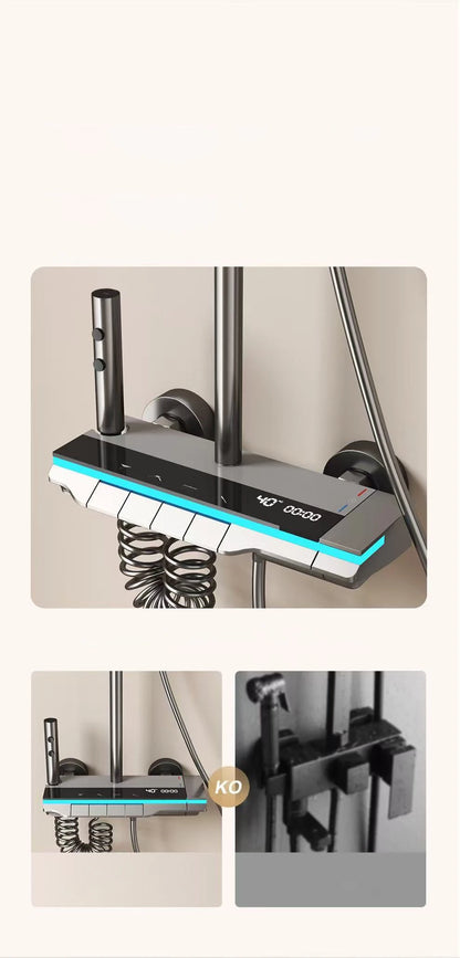 Bathroom Shower System Brass Mirror Surface Temperature-Controlled for Bathtub Faucet with Digital Display, LED Strip