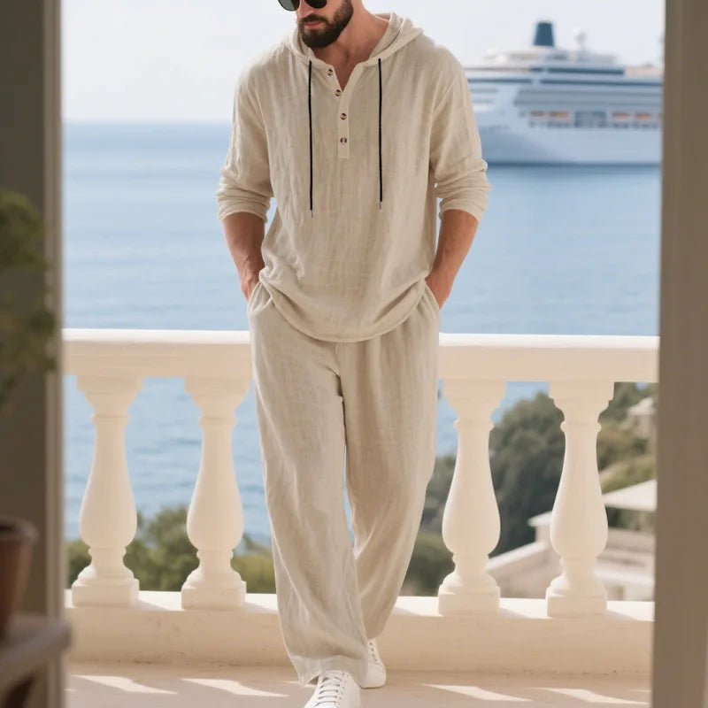 Cross-border Autumn Linen Men's Casual Suit Loose Hooded Henley Shirt Long Sleeve Pants Suit.