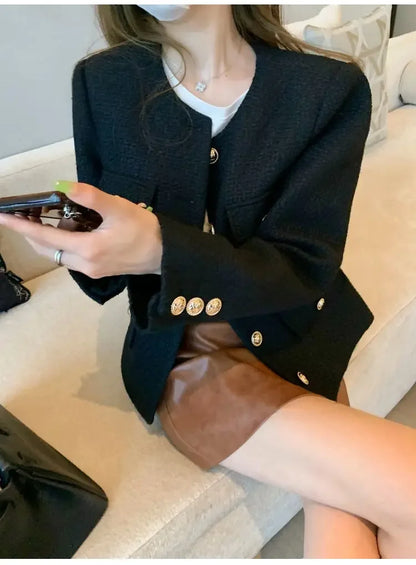 Frühling und Herbst Koreanische Mäntel Frauen Jacke Neue Französisch Wolle Tweed Mantel Mode High-end-Gold Taste Kurze Schlanke temperament