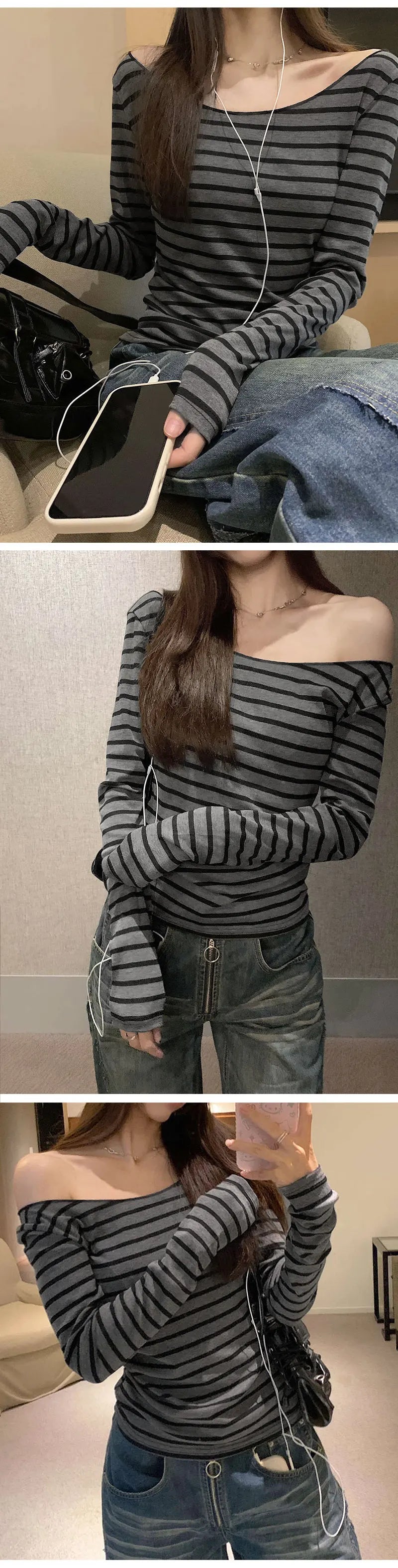 Spring Fall Women's New Japanese Basic Models Slim Long-Sleeved Striped t-Shirt Strapless Korean Street Style y2k Thin Tops.