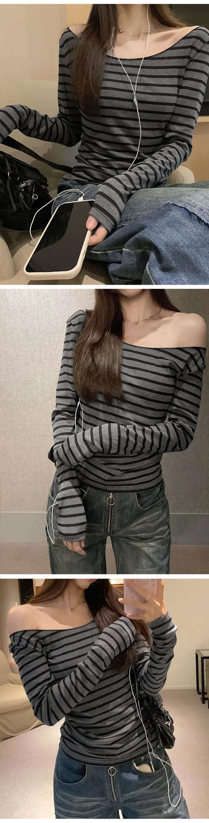 Spring Fall Women's New Japanese Basic Models Slim Long-Sleeved Striped t-Shirt Strapless Korean Street Style y2k Thin Tops.