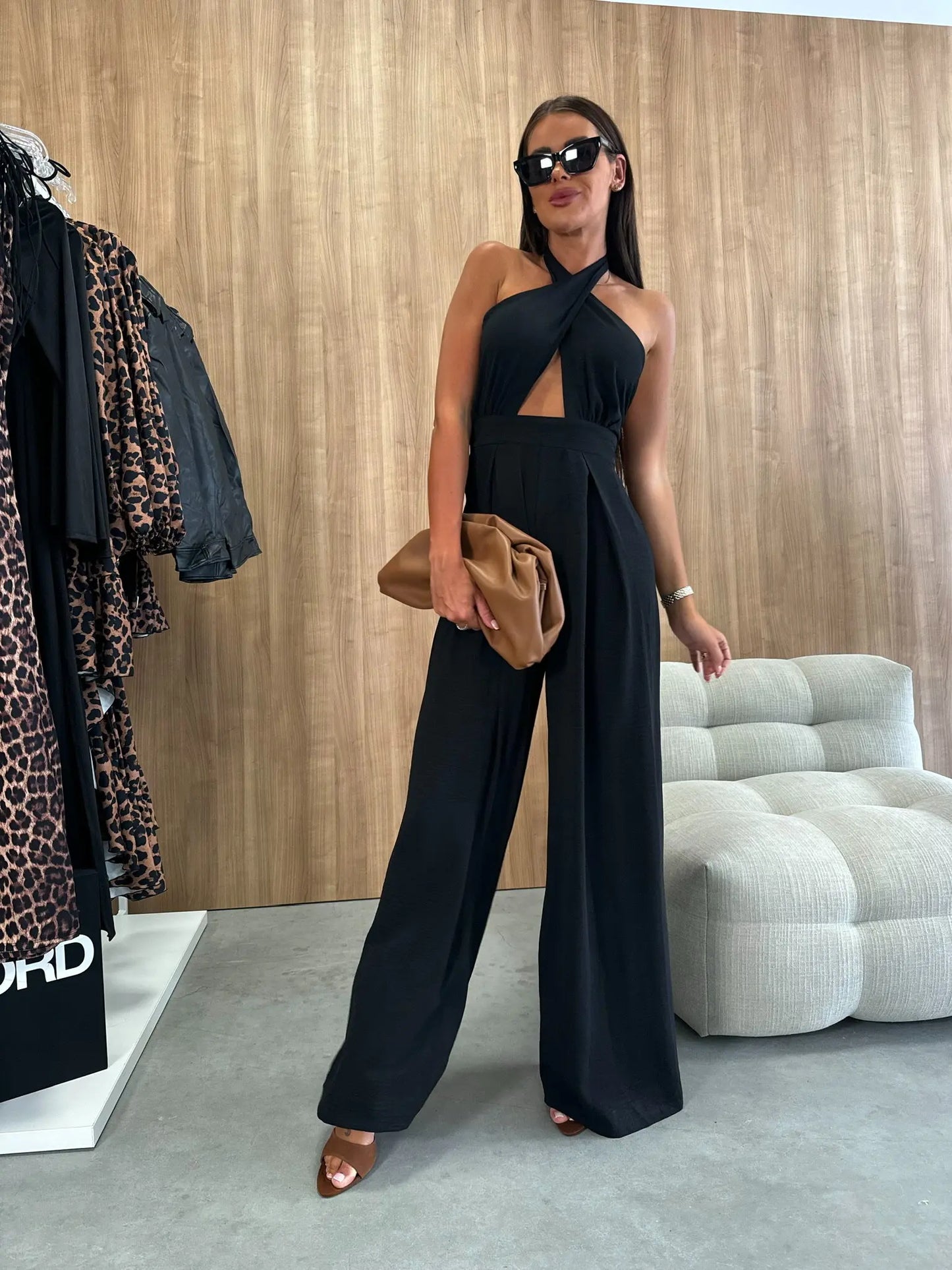 2025 Summer Female Jumpsuits Solid Color Hollow Out But Cross Halter Collar Backless Sexy Lady Wide Legs Jumpsuit Long Pants