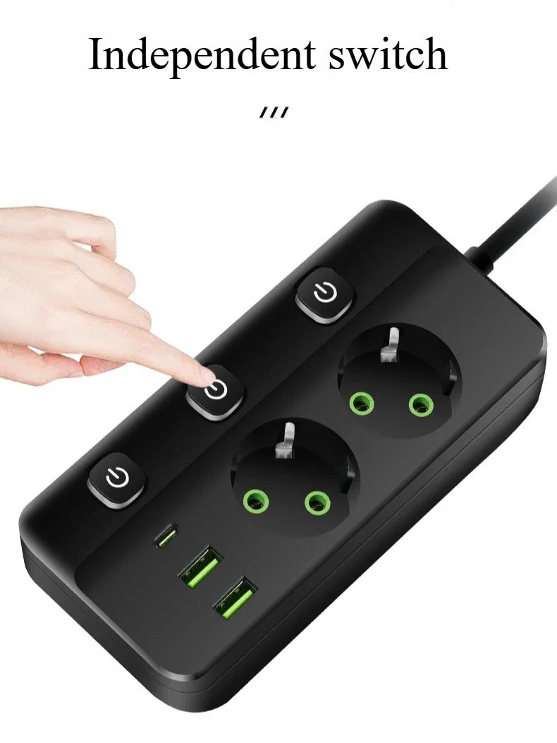 EU-Stecker-Steckdosenleiste, 2/3/4/5 Positionen, unabhängige Steuersteckdose mit 2 USB-Anschlüssen, 1 Typ-C-Anschlüsse, 2 m Verlängerungskabel, Steckdosen.