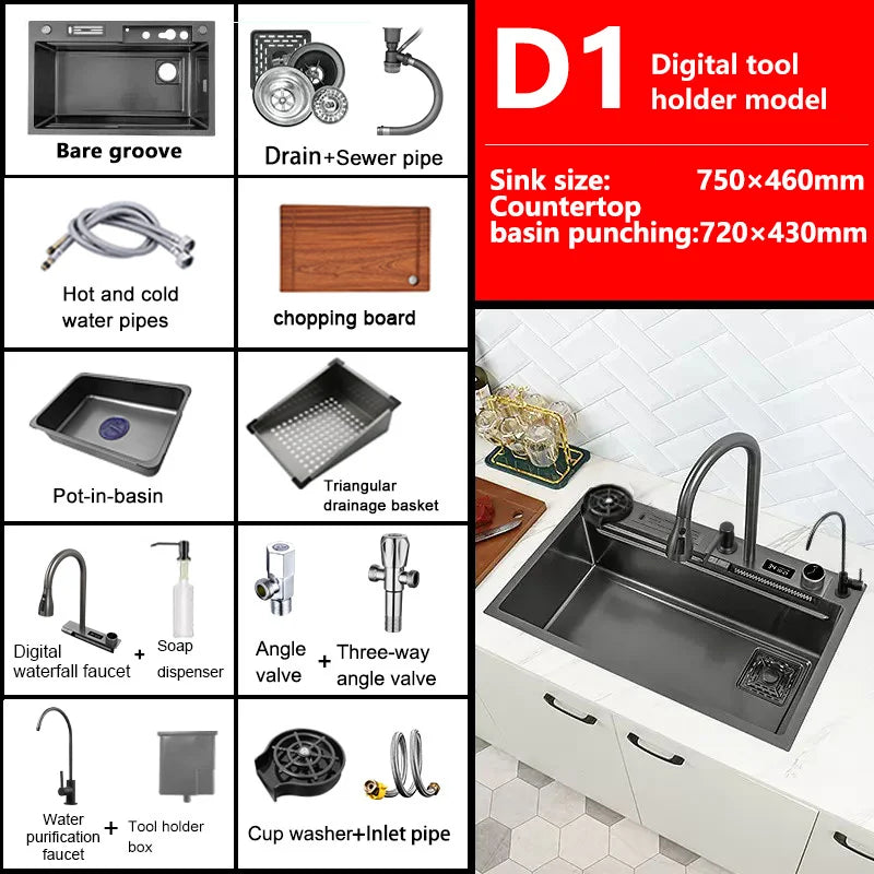 Waterfall Sink Kitchen Stainless Steel Topmount Sink Large Single Slot Wash Basin With Multifunction Touch Waterfall Faucet