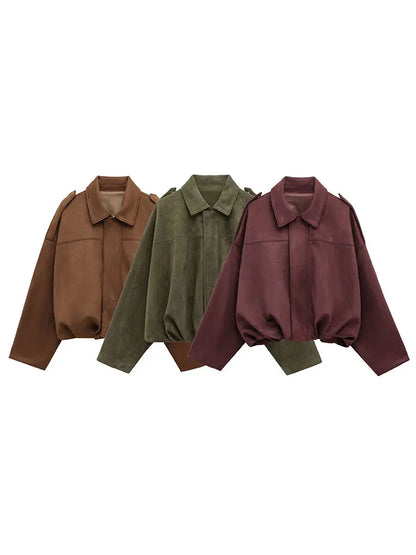 TRAFZA Women Brown Green Suede Jacket Loose Casual Bomber Coat Lapel Zipper Long Sleeve Jackets Vintage Lady Motorcycle Outwears.