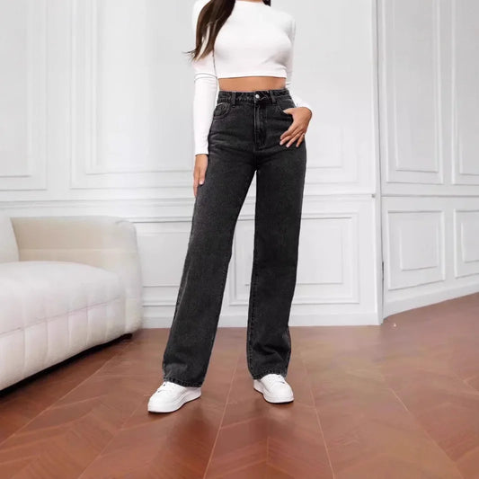 Casual Fashionable Elastic Washed Denim Straight Leg Jeans Women's Loose Straight Leg Trousers High Waist Chinese Production.