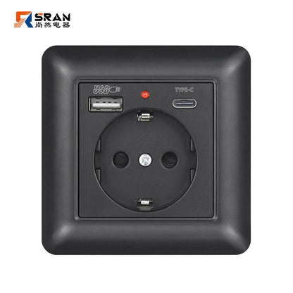 SRAN USB-Wandsteckdose, 20 W, schnelles Laden und 5 V, 2 A, EU-Standard, 82 x 82 mm, flammhemmendes PC-Panel, USB-Typ-C-Kombination.