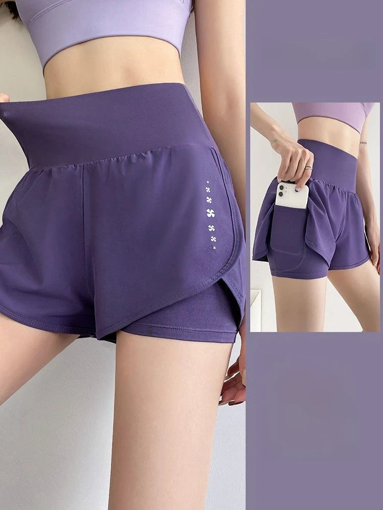 Women Yoga Pocket Shorts Fake Two Piece Anti Peek Shorts High Elastic Loose Fashion Casual Gym Trainning Three Point Pants.